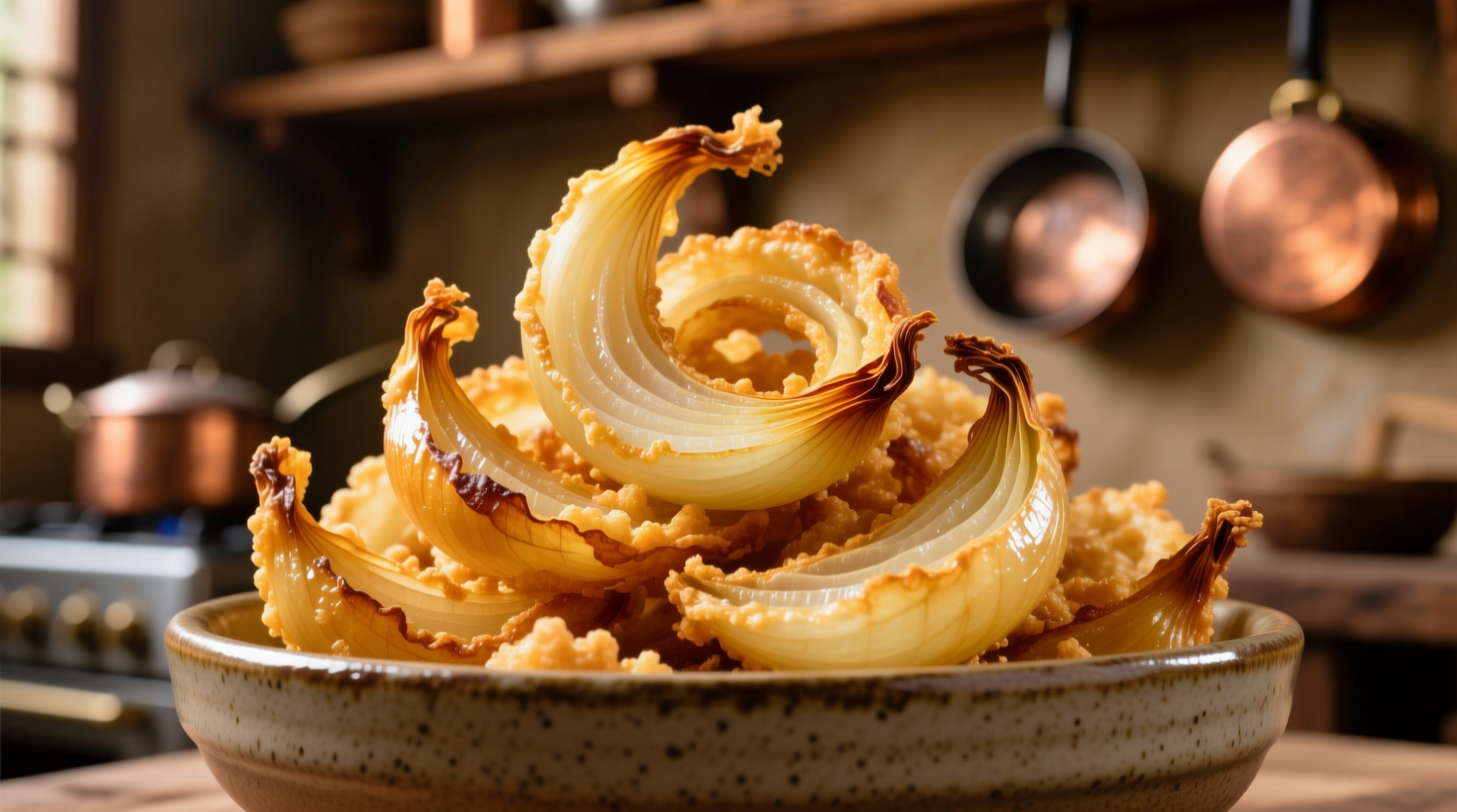Golden crispy deep fried onions in a bowl