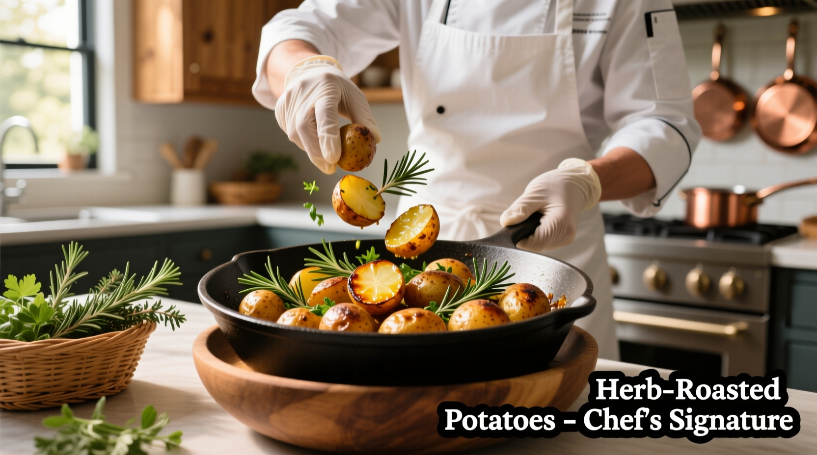 Chef preparing colorful roasted potato main dish with herbs