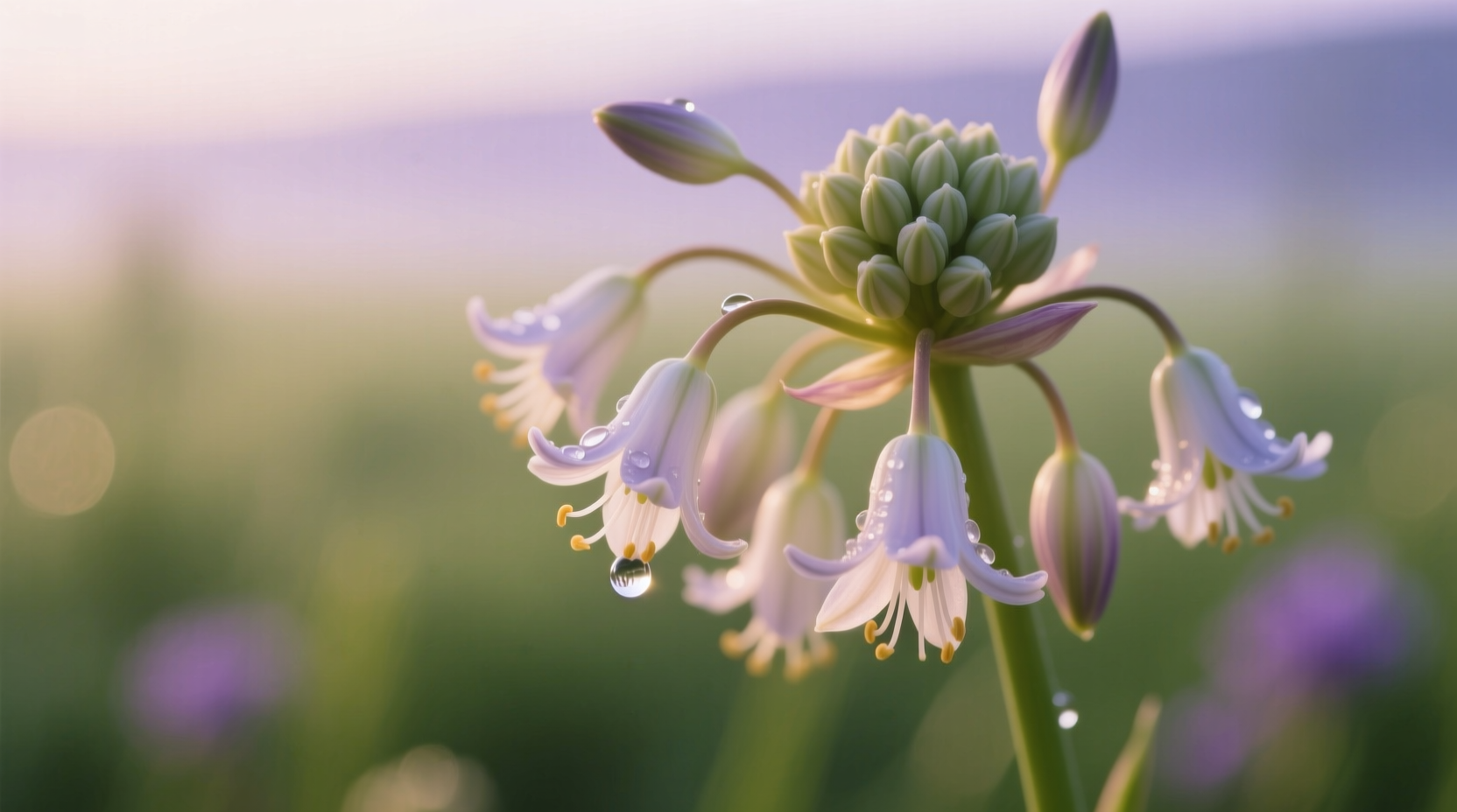 Close-up of nodding onion flowers with distinctive downward curve
