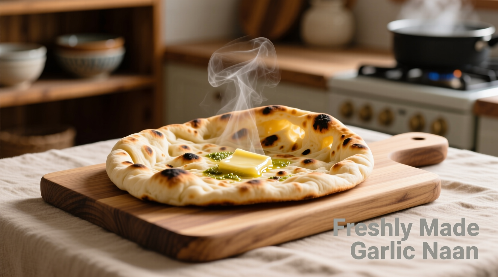 Freshly made garlic naan with char spots