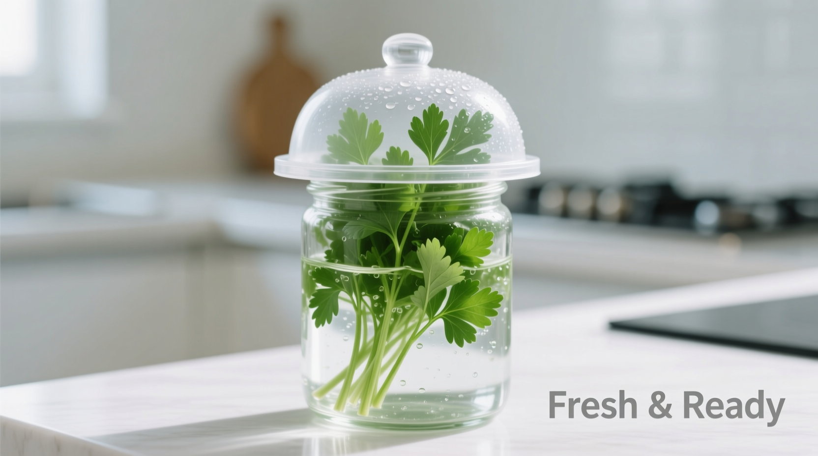Fresh parsley stored upright in water with plastic cover
