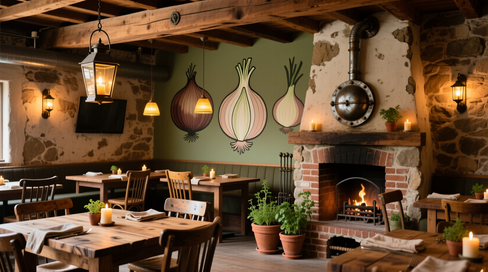 Sassy Onion restaurant interior with rustic decor and dining tables