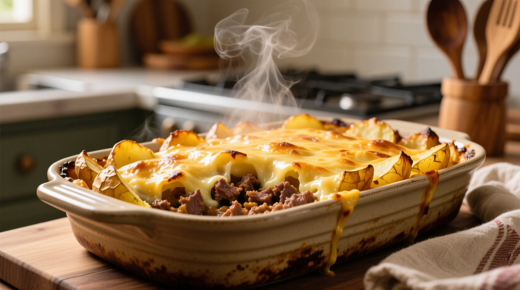 Golden potato casserole with ground beef fresh from oven