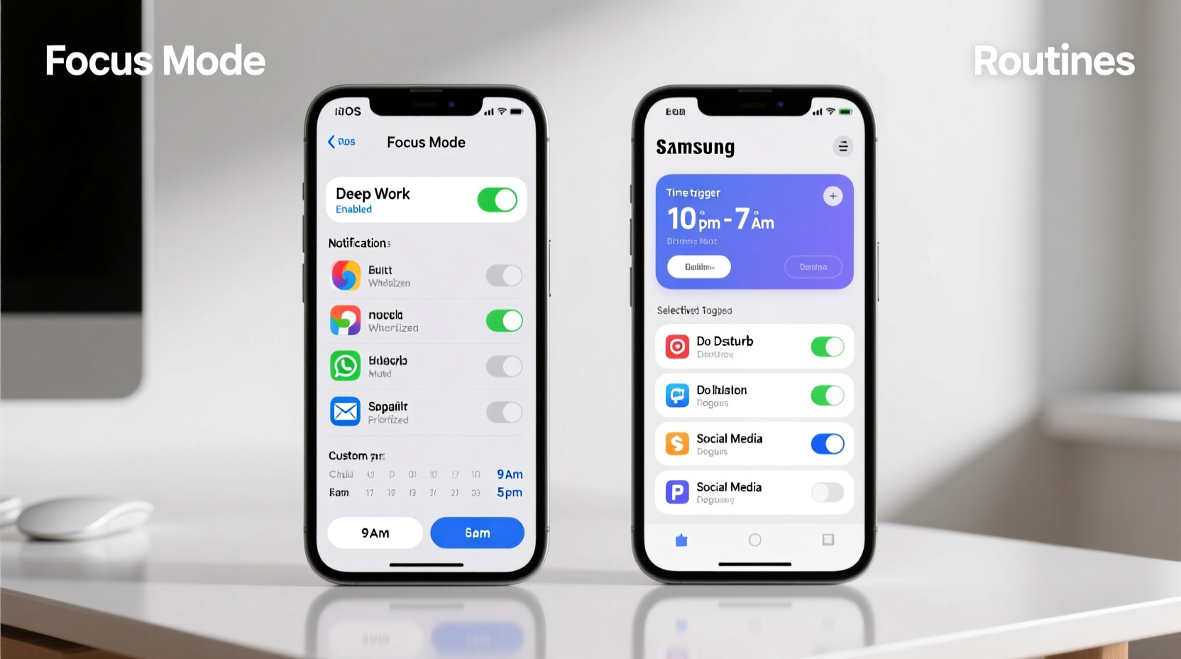 Side-by-side smartphone screens: left shows iOS Focus Mode settings with 'Deep Work' enabled, notification filters applied per app, and schedule set; right shows Samsung Routines interface with time-triggered DND and selective app permissions toggled