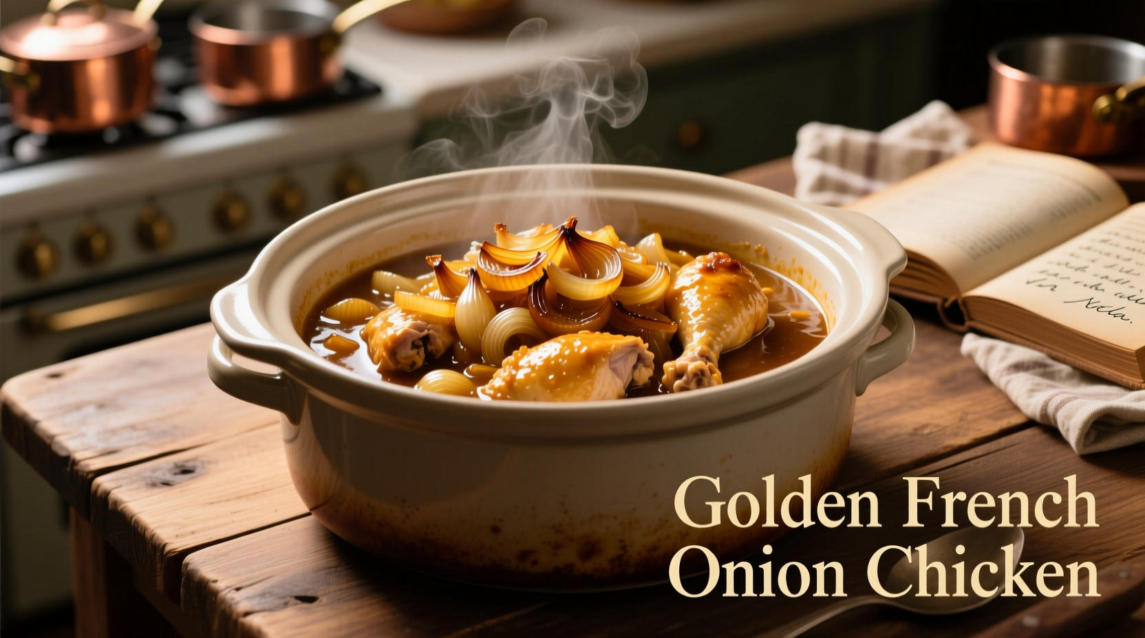 Slow cooker filled with golden French onion chicken