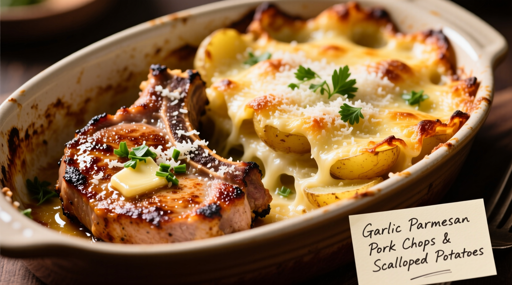 garlic parmesan pork chops with cheesy scalloped potatoes