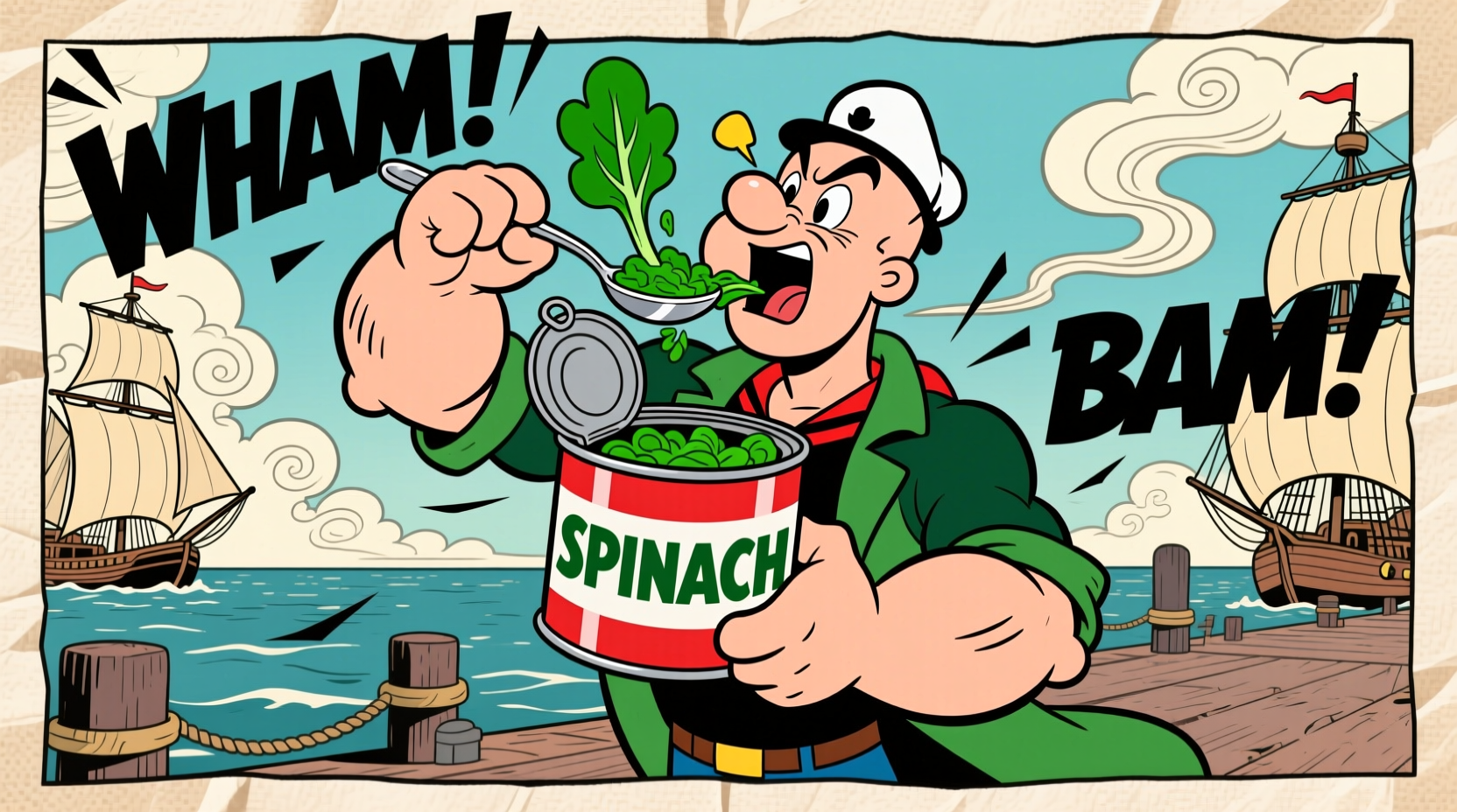 Popeye cartoon character eating spinach from can