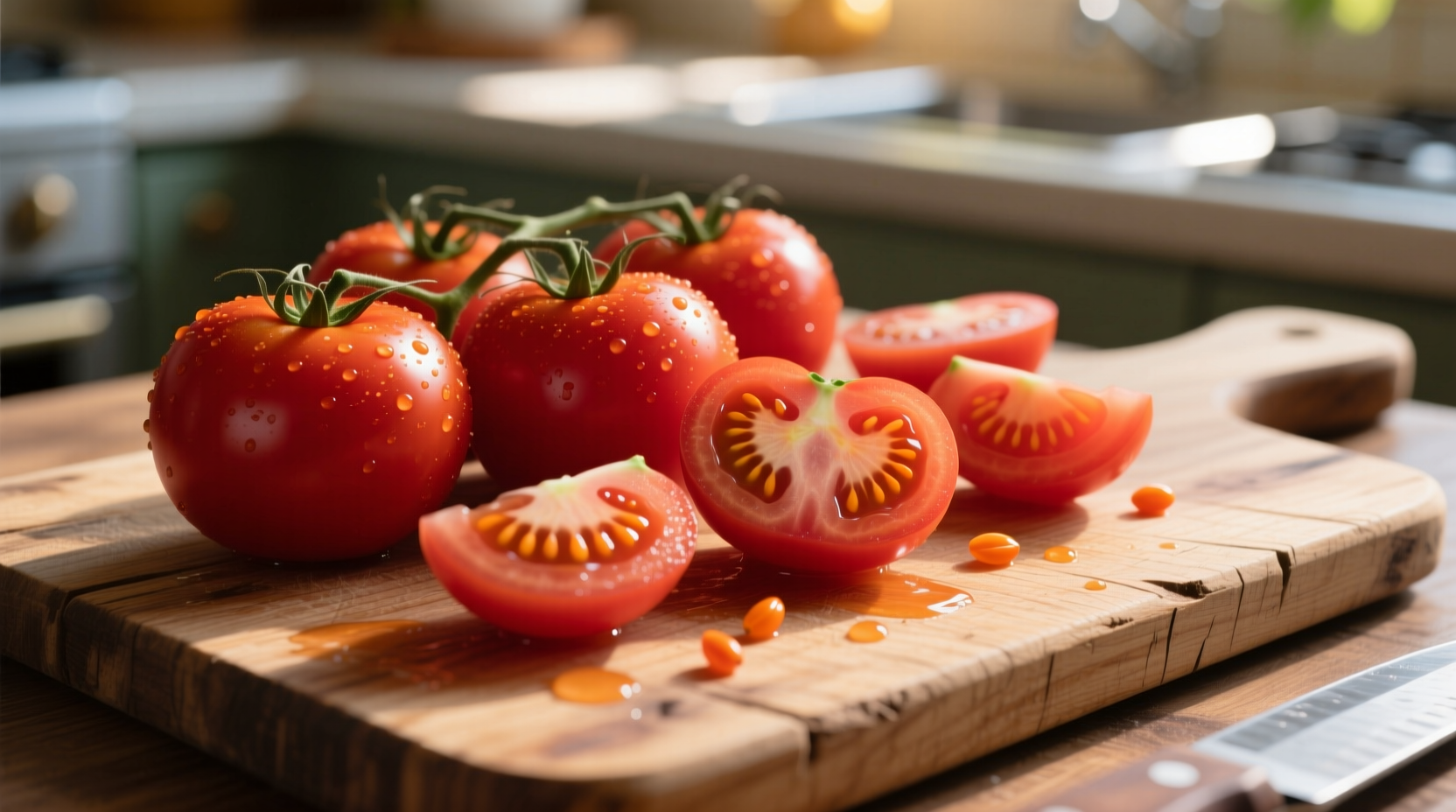Fresh tomatoes on wooden cutting board