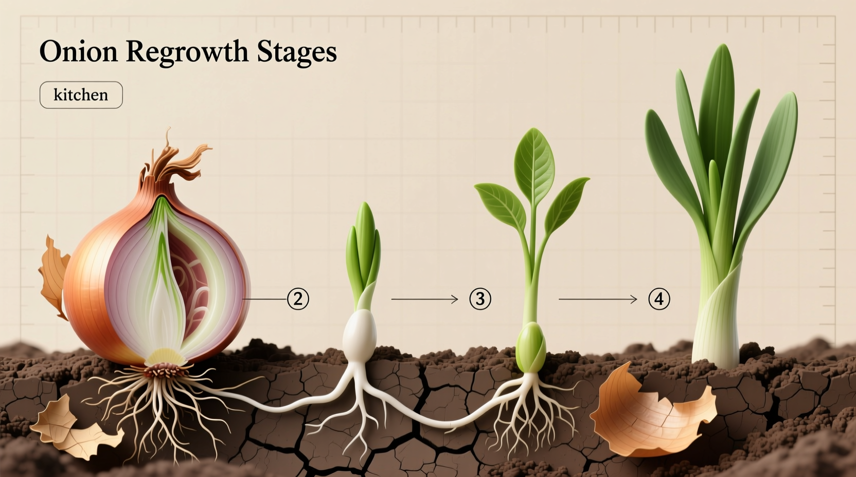 Onion regrowth stages from kitchen scrap to green shoots