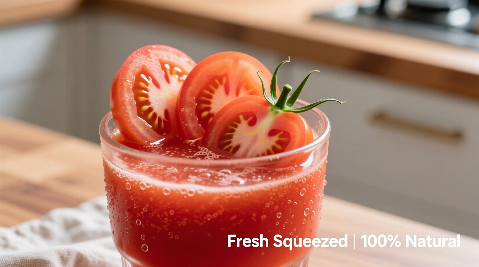 Fresh tomato juice in glass with tomato slices