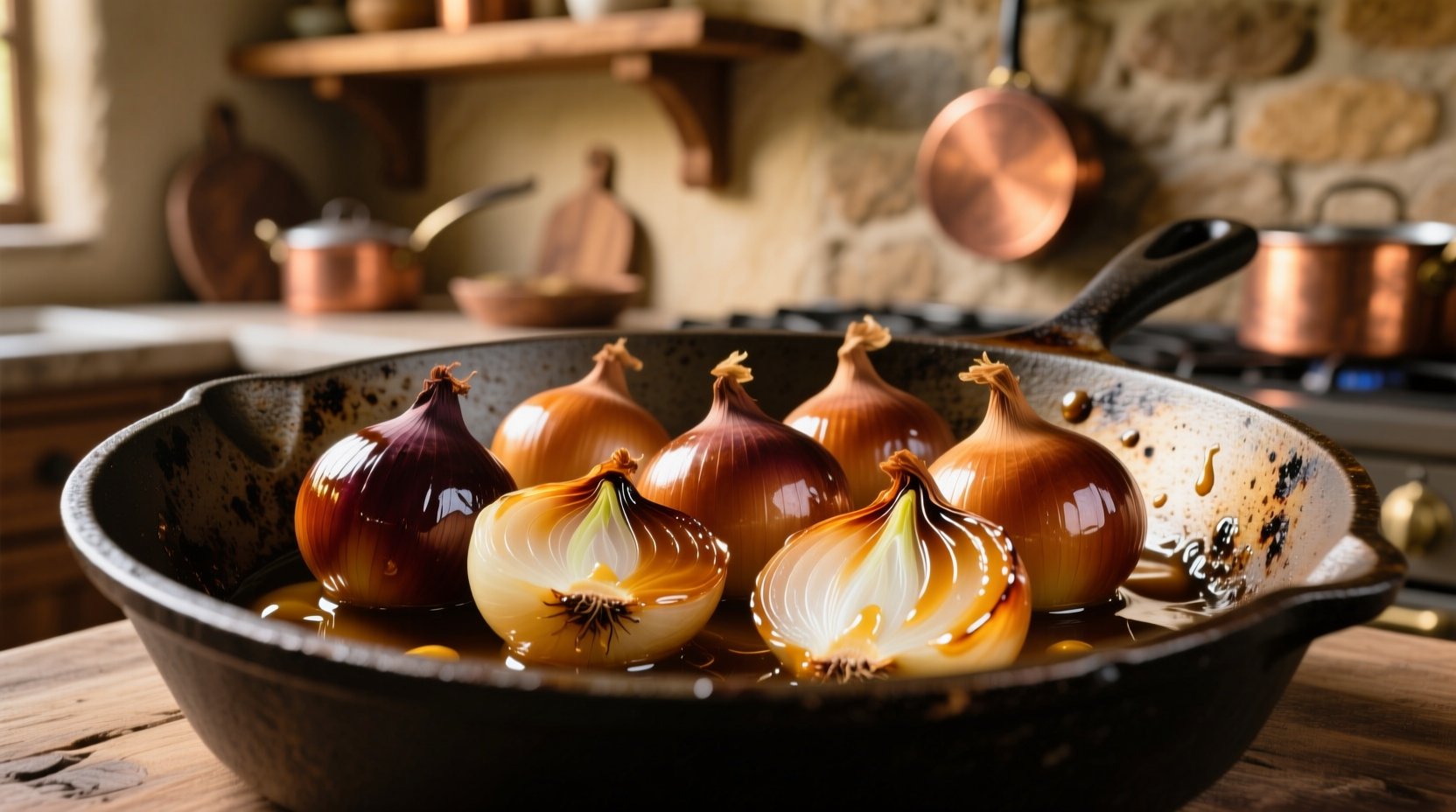 Perfectly caramelized pearl onions in cast iron skillet