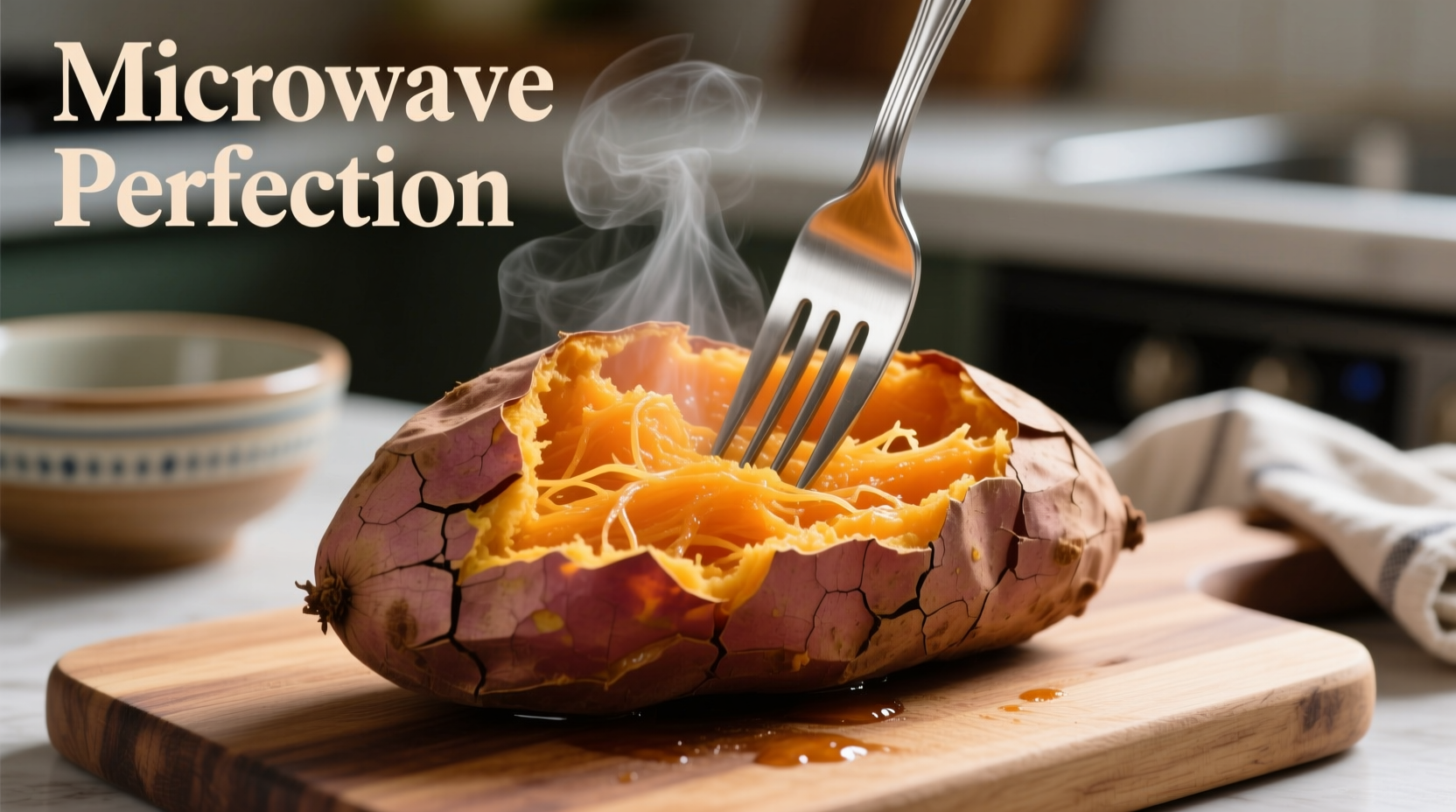 Perfectly cooked microwave sweet potato with fork showing tender texture