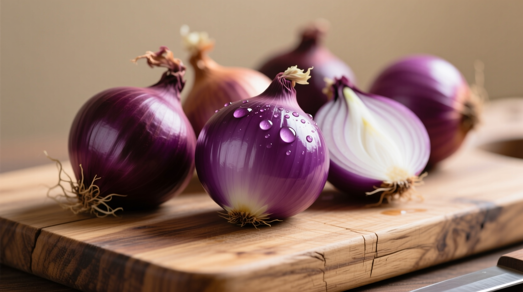 Fresh Tropea onions with purple skin on wooden cutting board