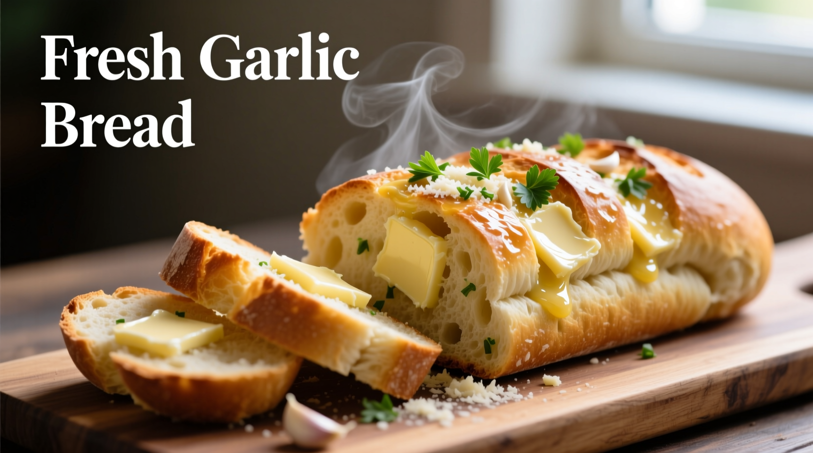Fresh garlic bread sliced with melted butter and herbs