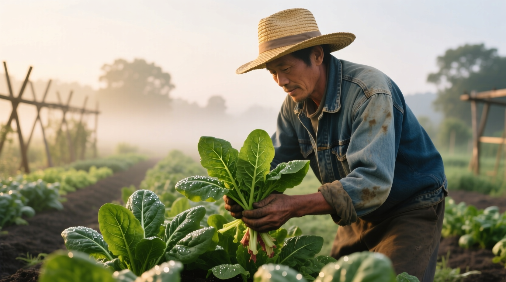Gardener harvesting mature spinach leaves in morning light