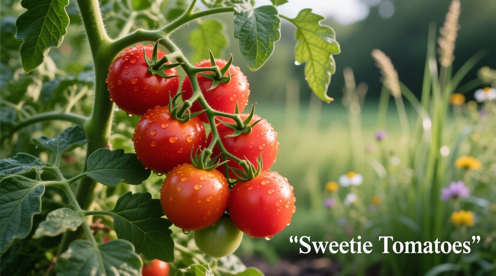 Cluster of bright red sweetie tomatoes on vine