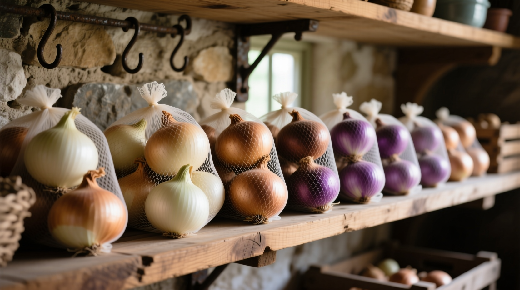 Properly stored onions in mesh bags