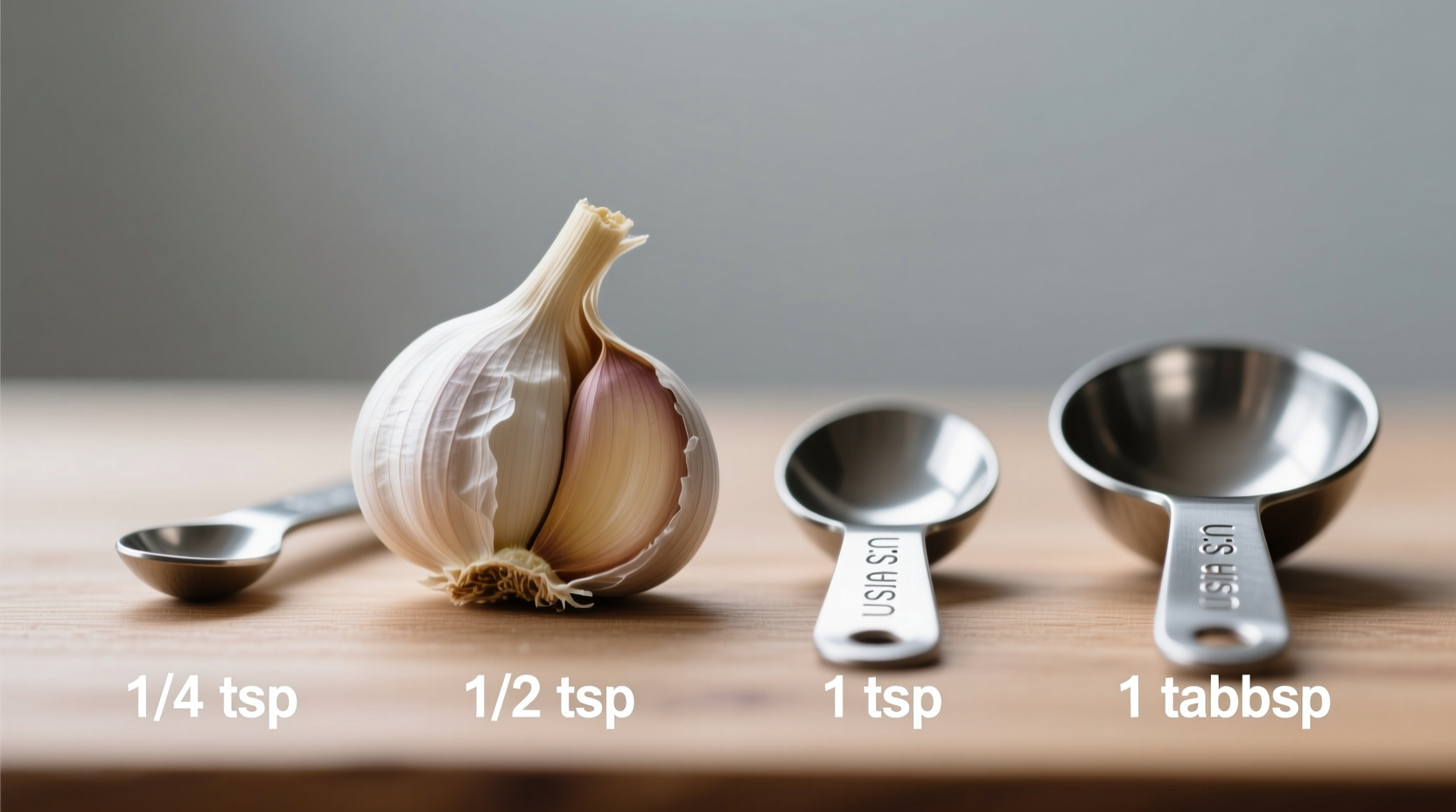 Garlic clove size comparison with measuring spoons
