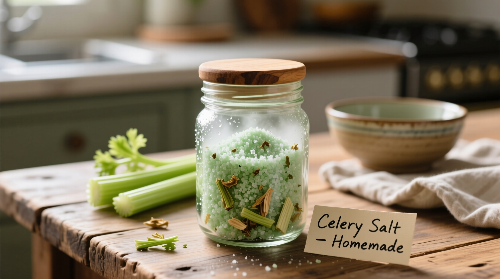 Fresh homemade celery salt in glass jar