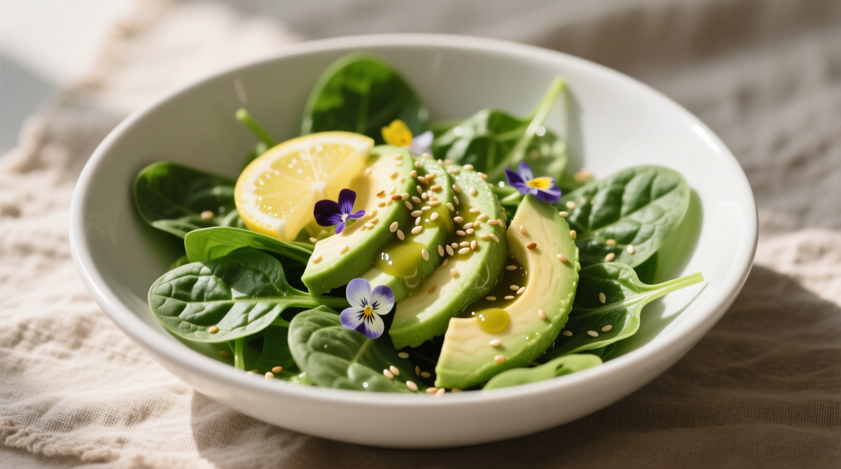 Fresh spinach avocado salad in white bowl