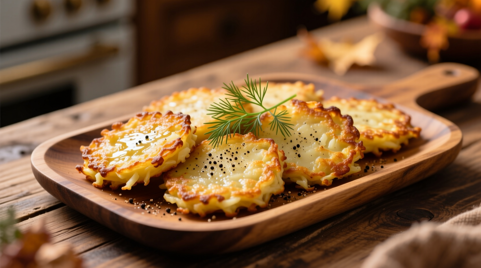 Golden crispy potato latkes on serving platter