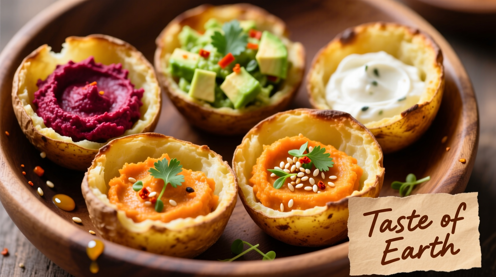 Golden brown potato cups filled with colorful dips