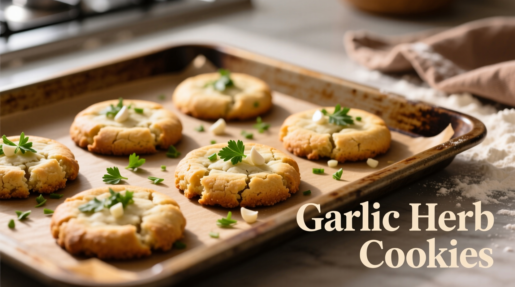 Golden garlic herb cookies on baking sheet