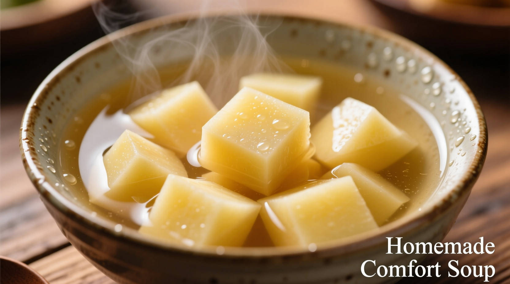 Perfectly boiled potato cubes in clear broth