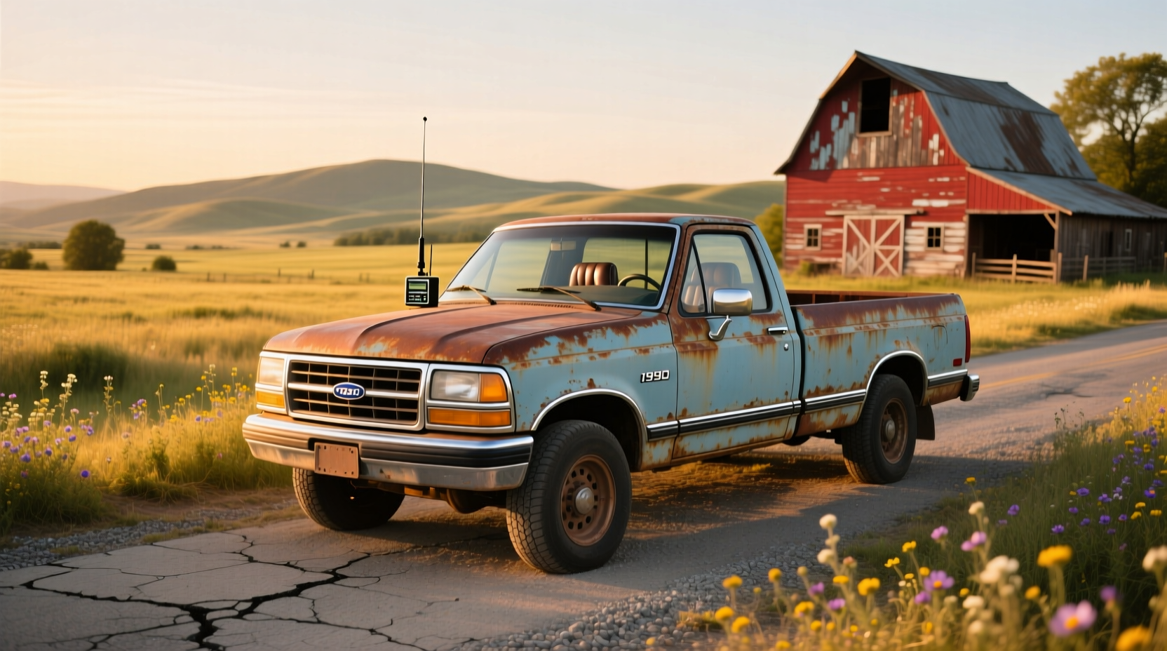1990 pickup truck on rural road