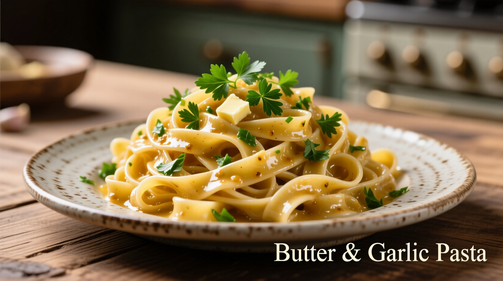 Butter and garlic pasta with fresh parsley garnish