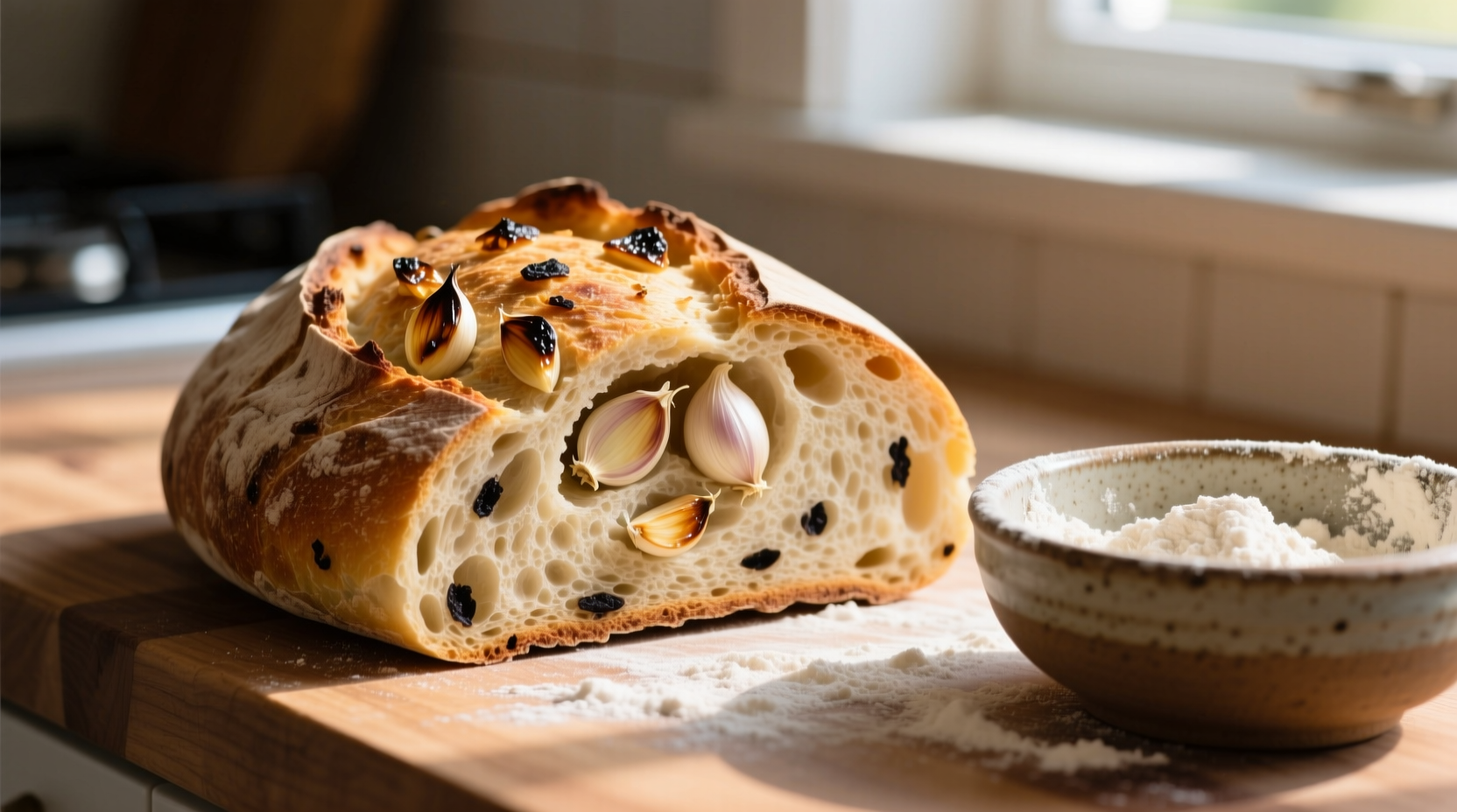 Roasted garlic cloves mixed into sourdough dough