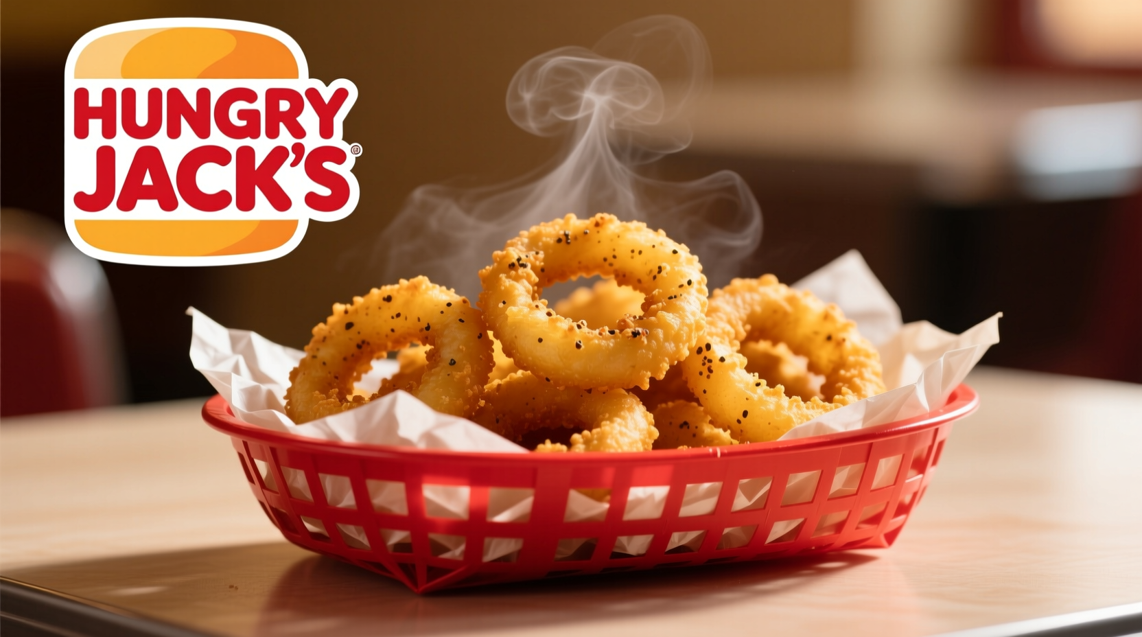 Golden Hungry Jack's onion rings served in a red basket