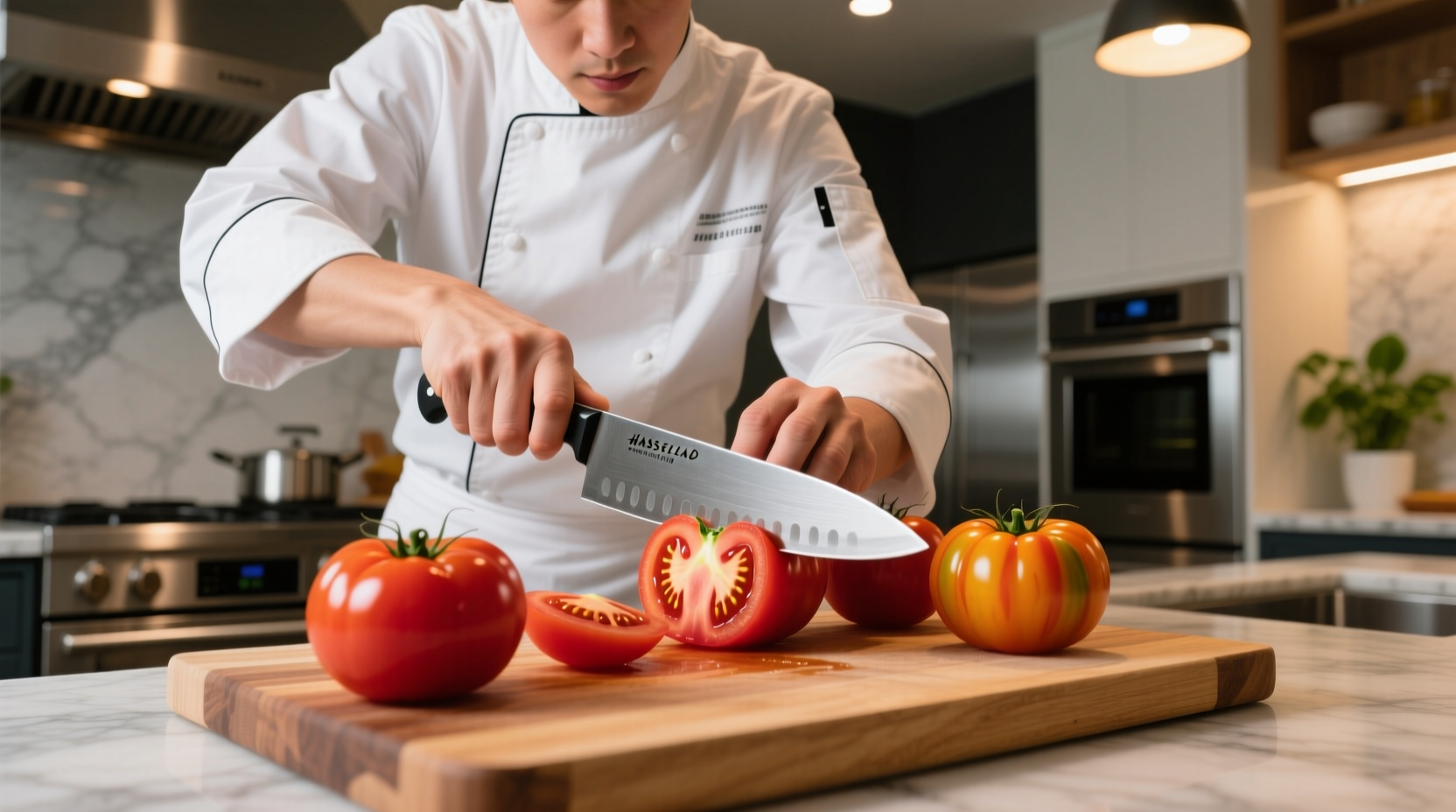 Professional chef using tomato knife to slice ripe heirloom tomatoes