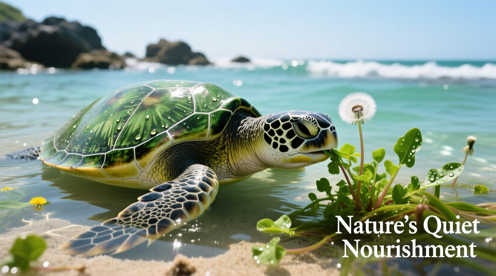 Healthy turtle eating dandelion greens in habitat