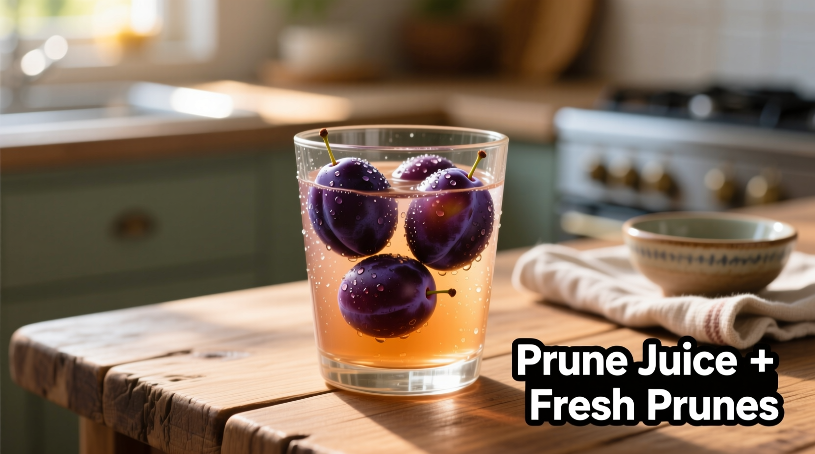 Glass of prune juice with fresh prunes