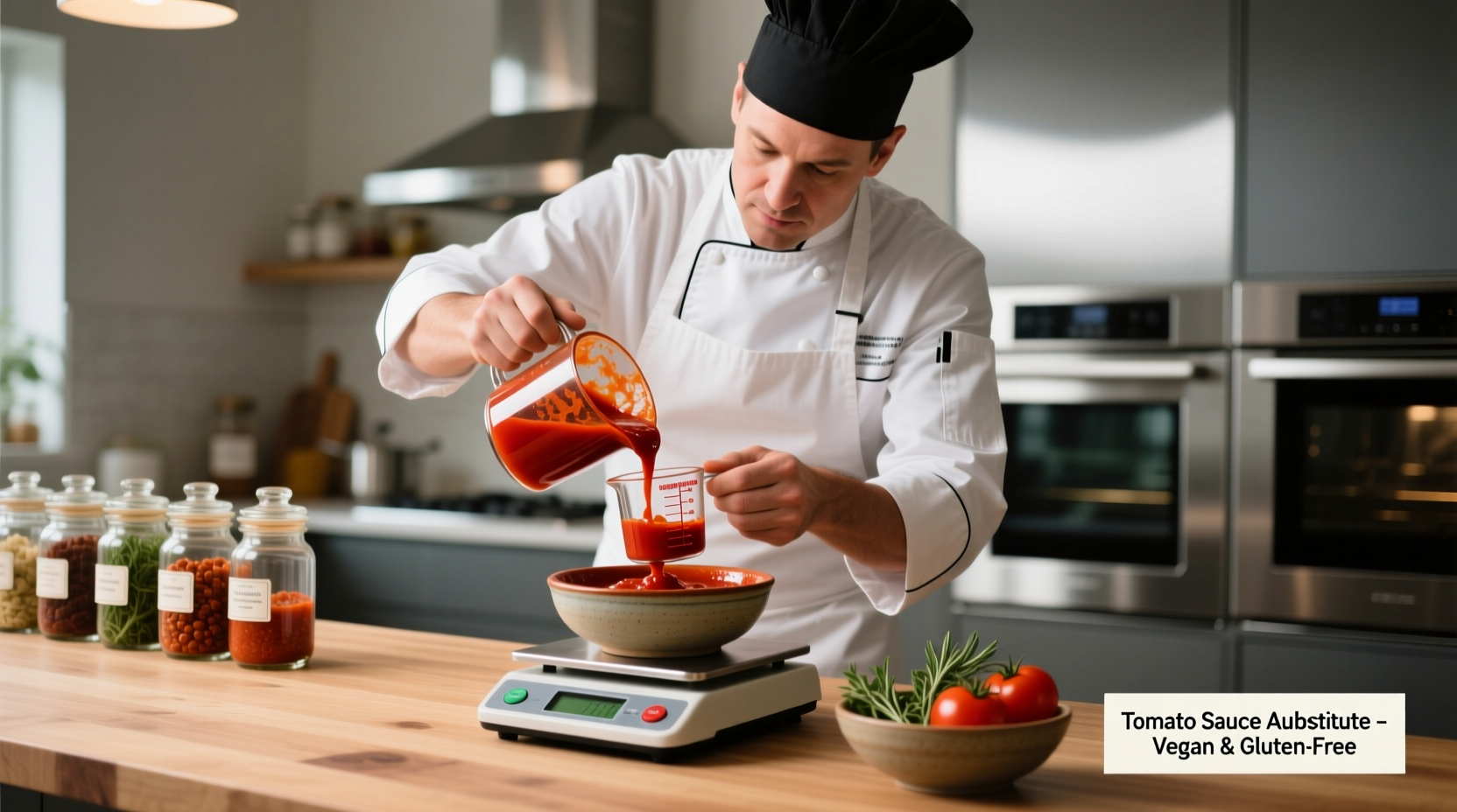 Chef measuring tomato sauce substitute