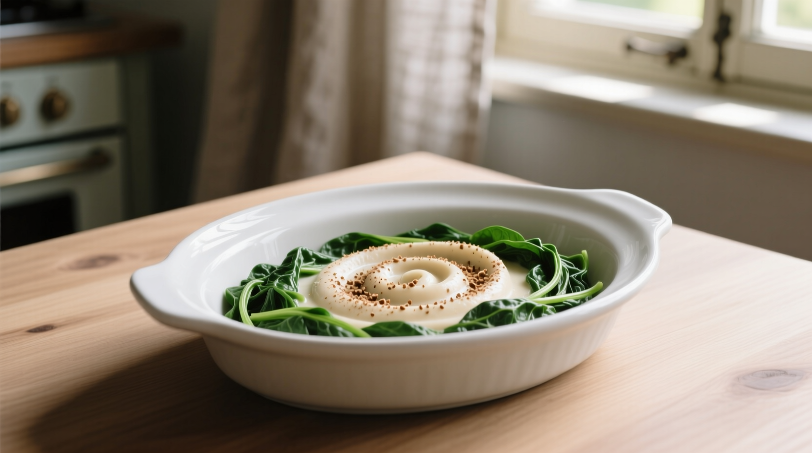 Creamy spinach in white ceramic dish with fresh nutmeg