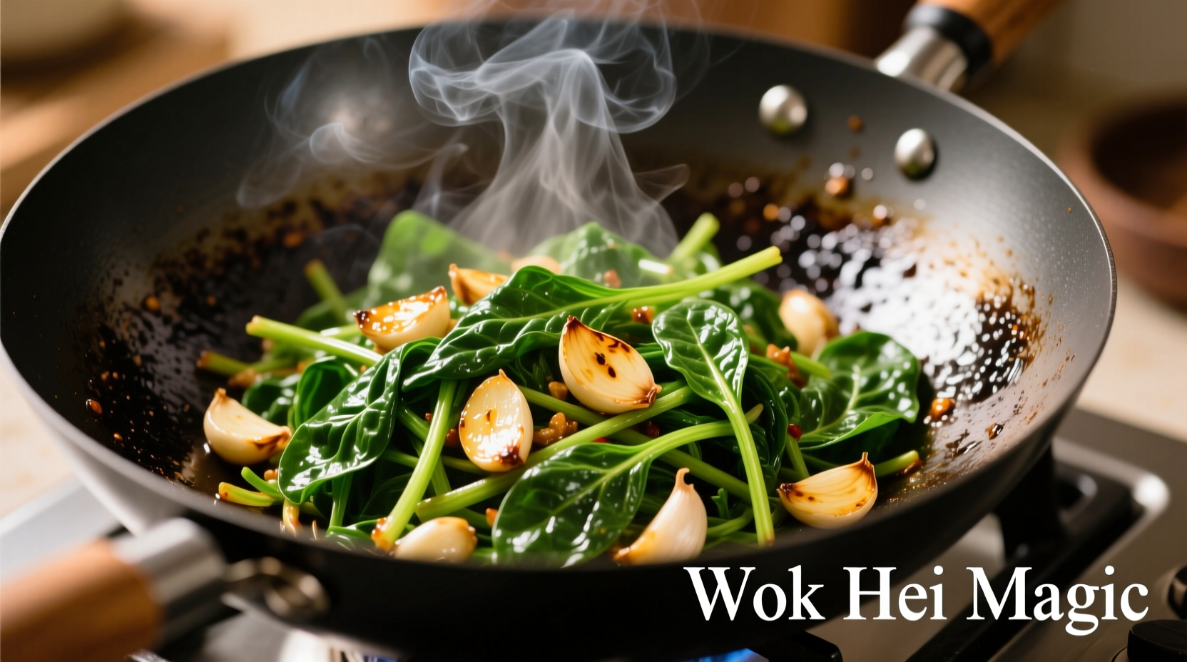 Fresh Chinese spinach in wok with garlic