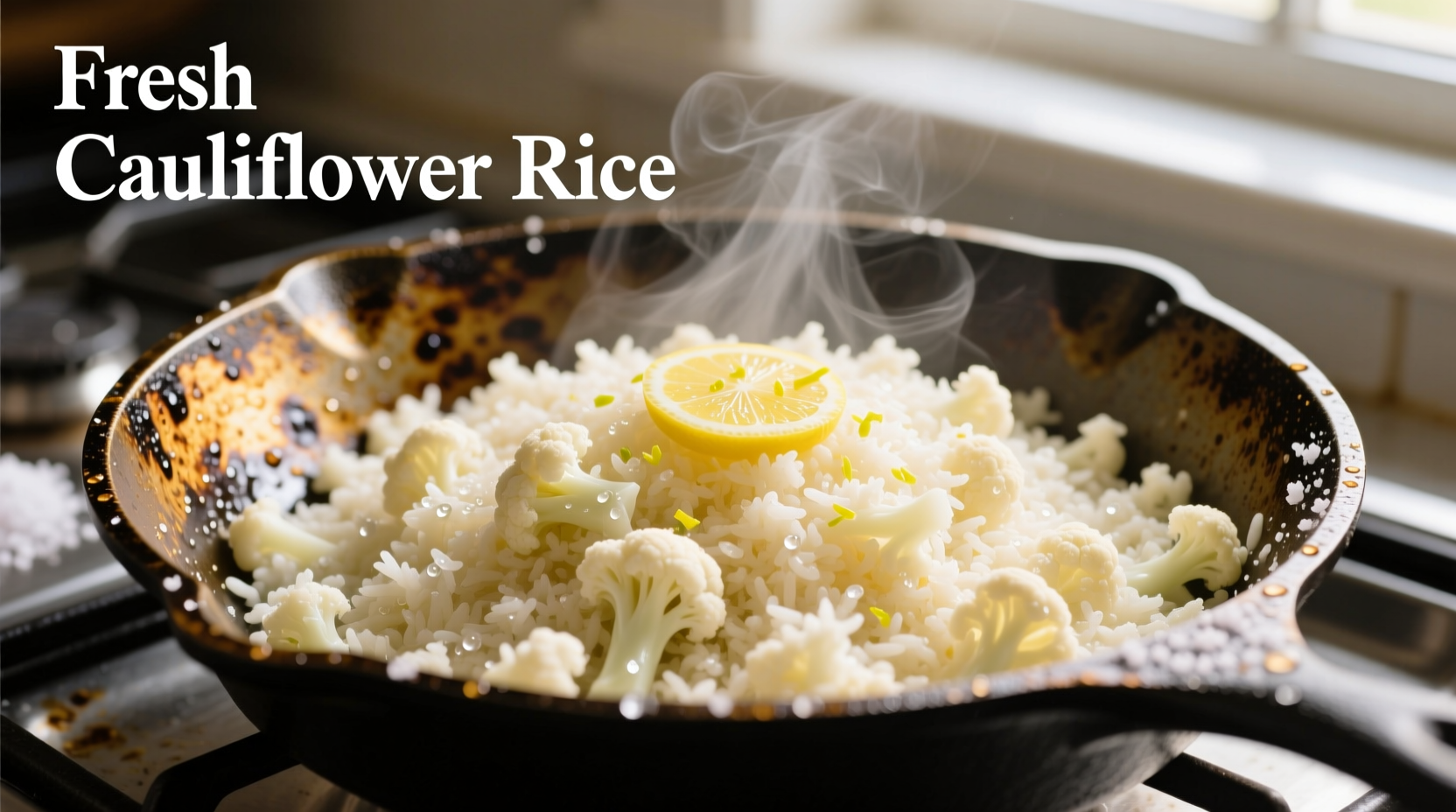 Fresh cauliflower rice in cast iron skillet