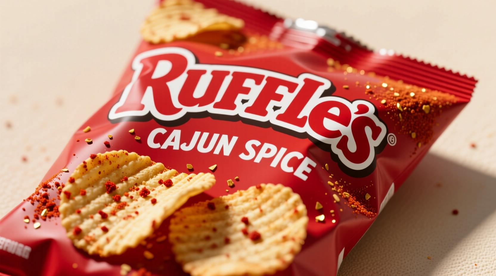 Ruffles Cajun Spice chips in a red bag with seasoning visible on ridges