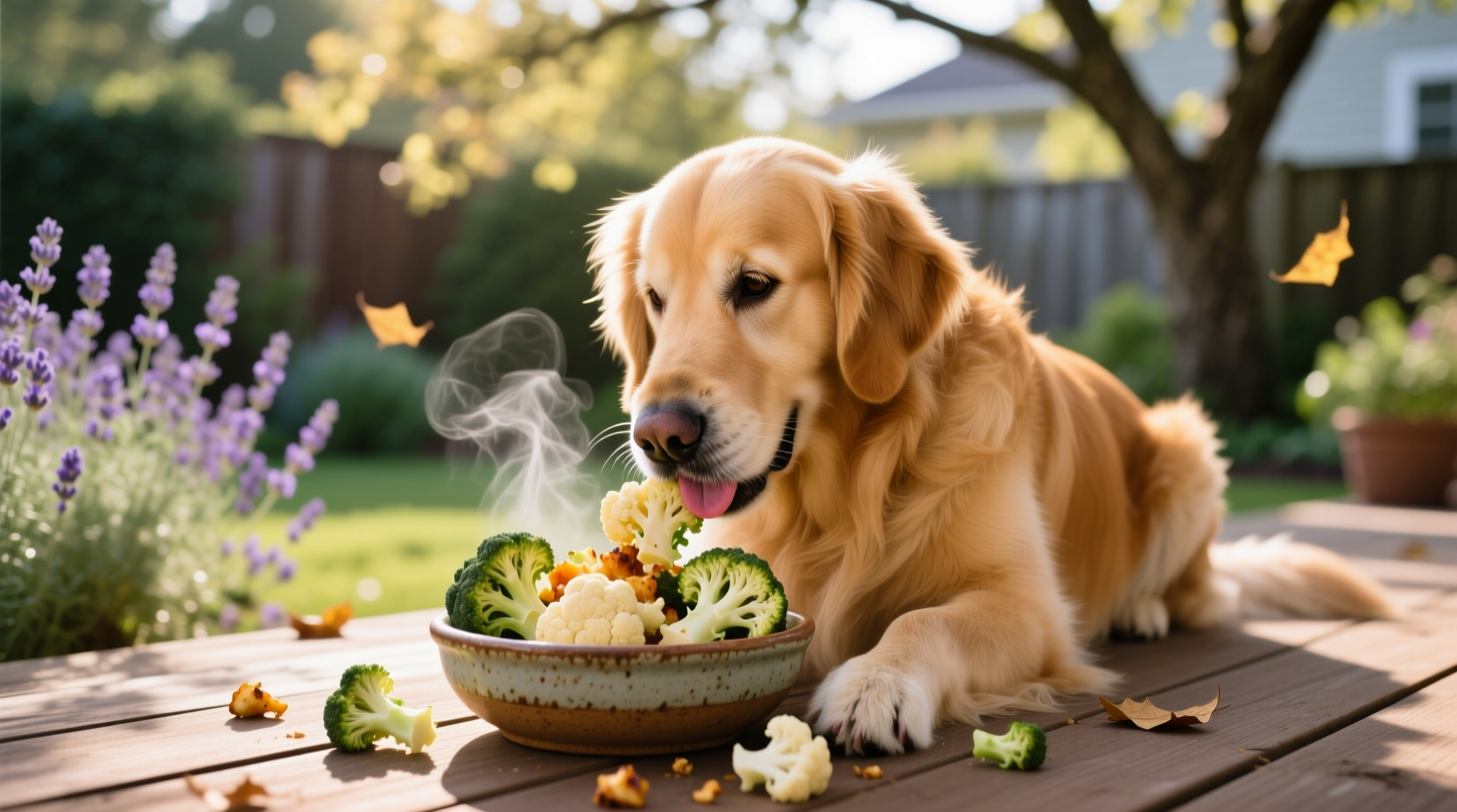 Golden retriever eating cooked cauliflower pieces