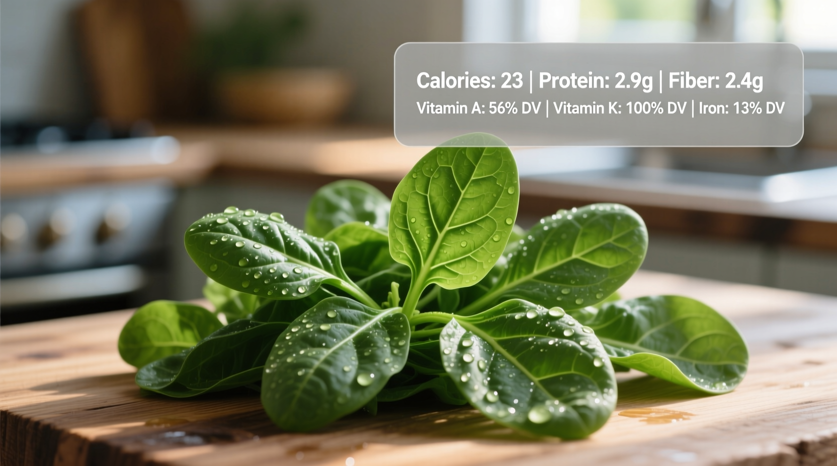 Fresh spinach leaves with nutritional information