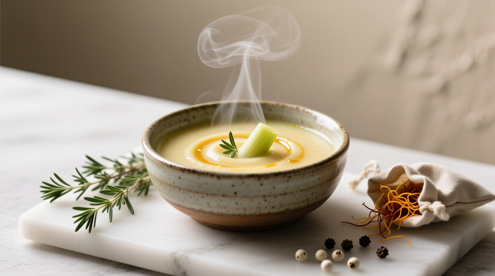 Close-up of fresh thyme, saffron threads, and white peppercorns beside a bowl of potato leek soup