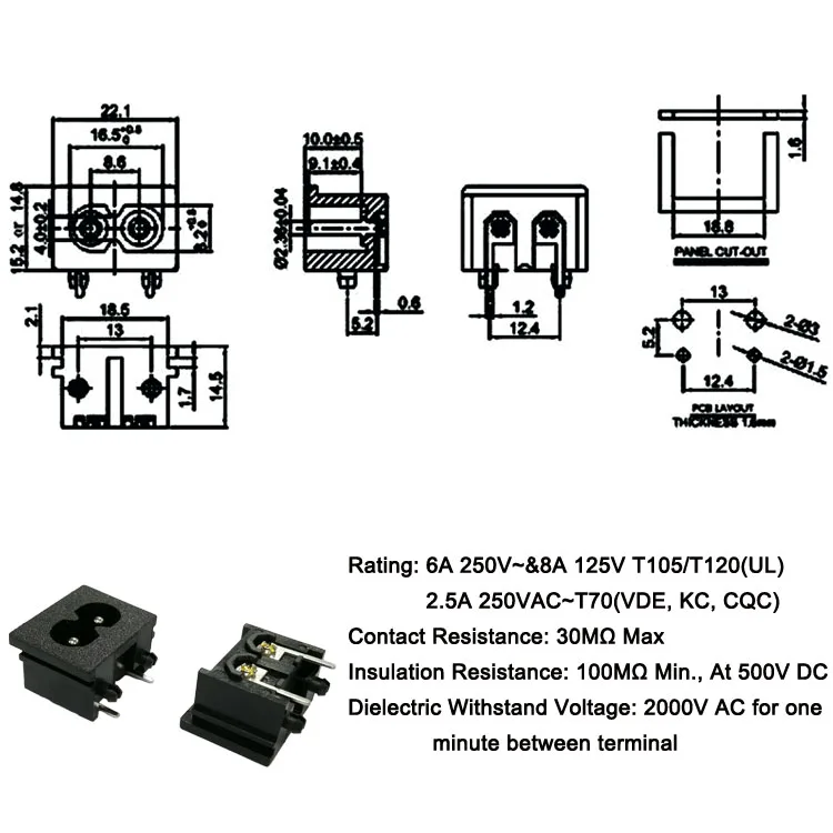 iec 60320 c8 2 pin pcb mount 110v male plug inlet ac power socket