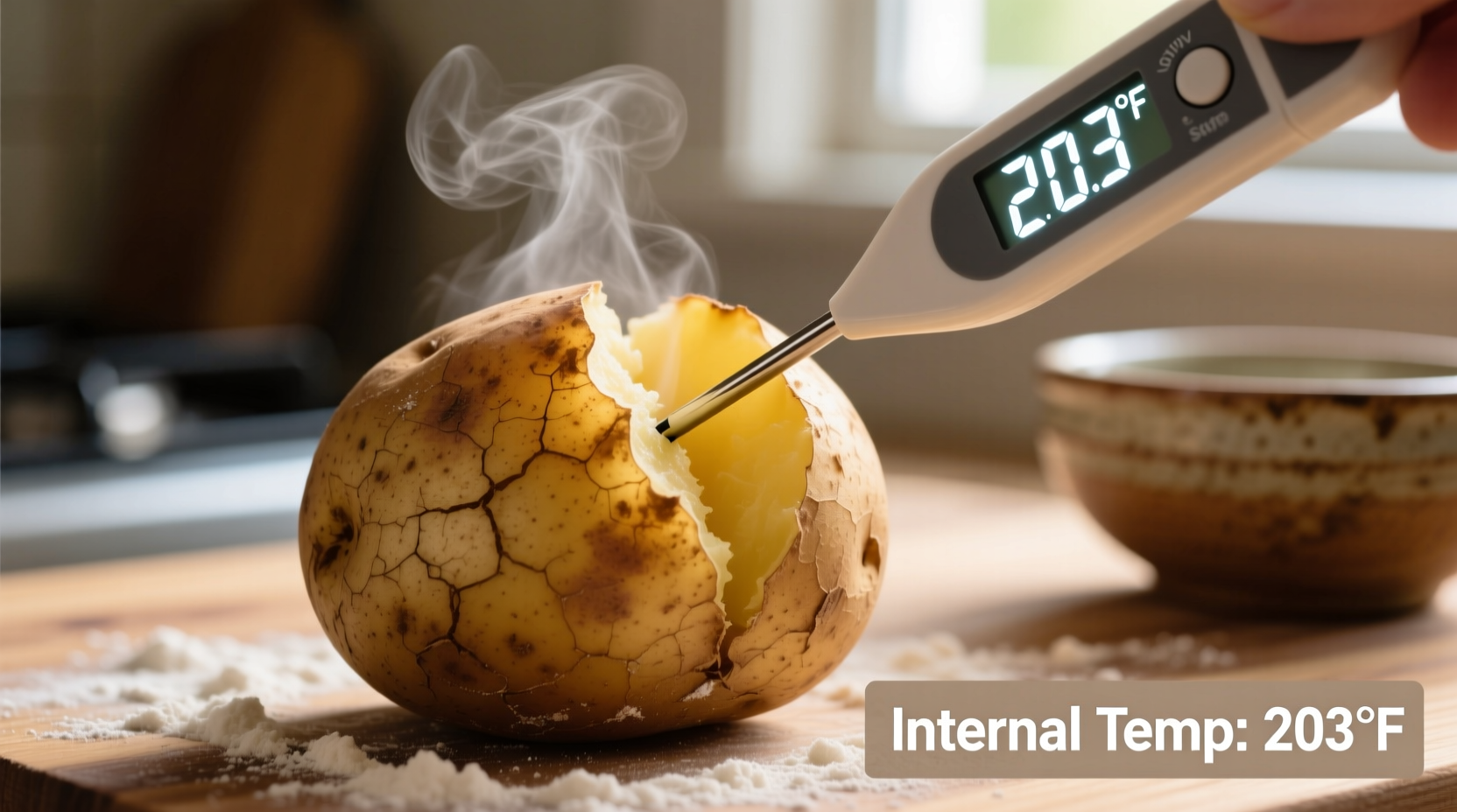 Digital thermometer measuring internal temperature of baked potato