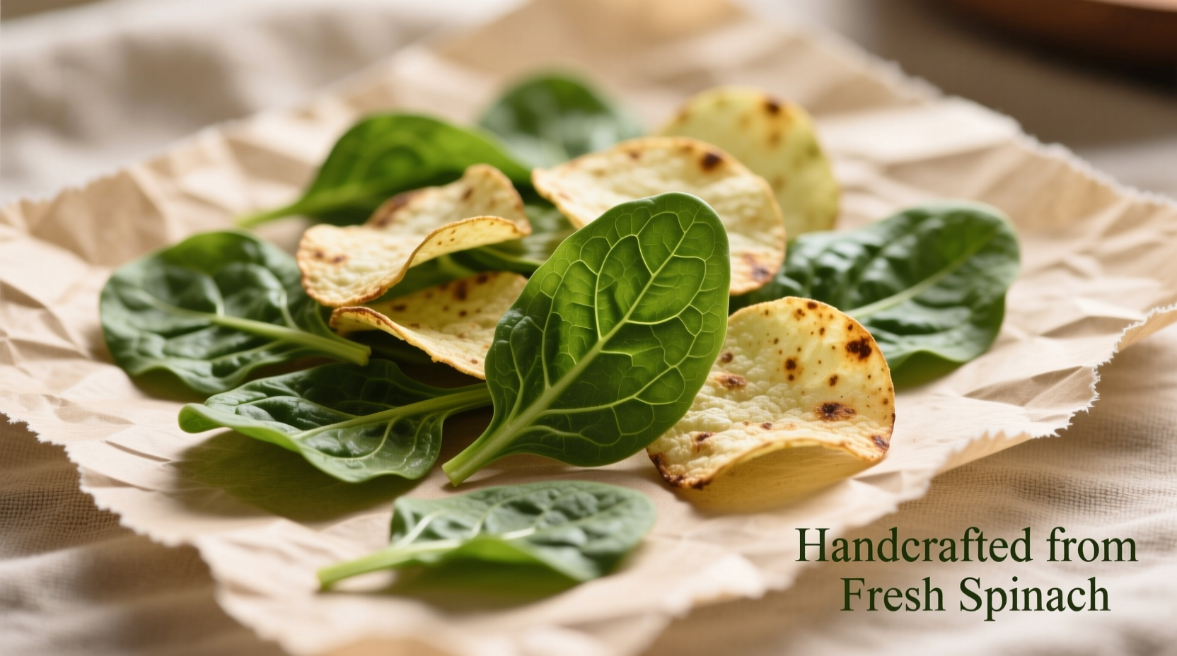 Homemade spinach chips on parchment paper