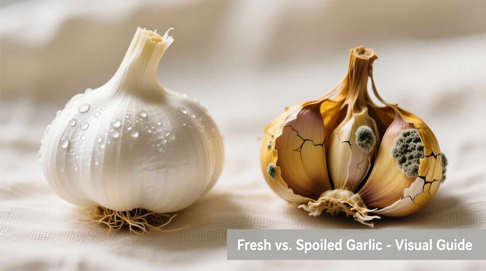 Close-up of fresh versus spoiled garlic cloves