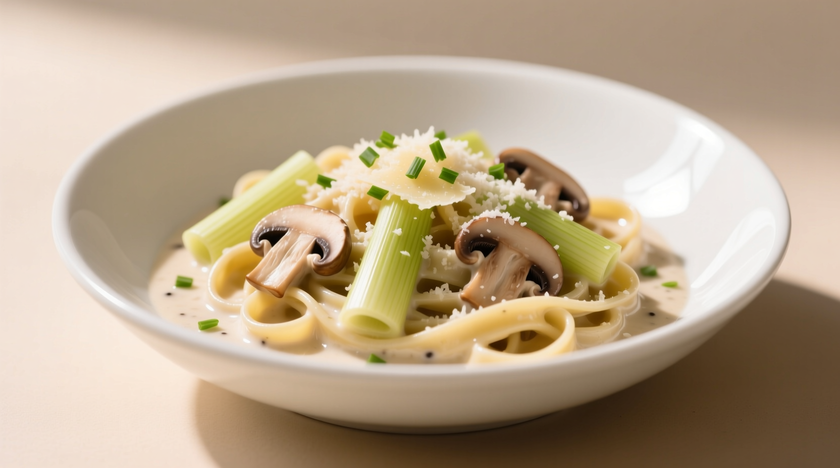 Creamy leek and mushroom pasta in white bowl