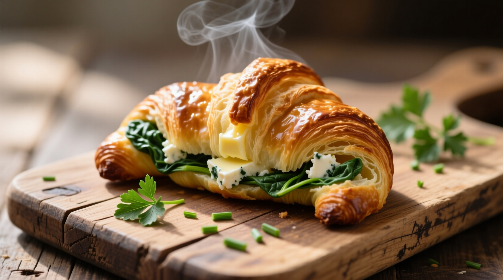 Freshly baked spinach and feta croissant on wooden board
