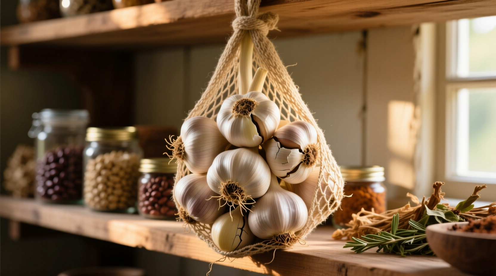 Garlic bulbs stored in mesh bag in pantry